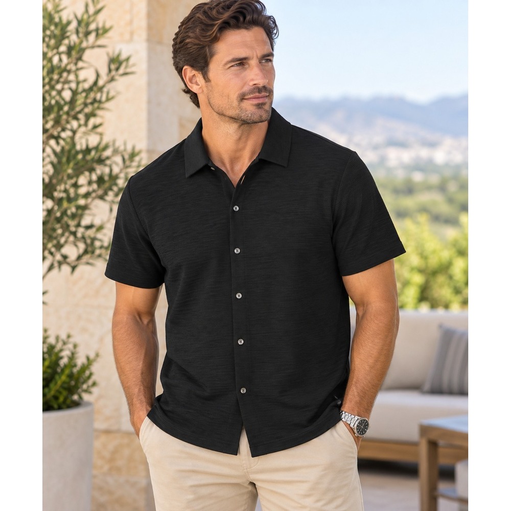 NWT Scott James England Men's L Black Textured Shirt Quiet Luxury Old Money
